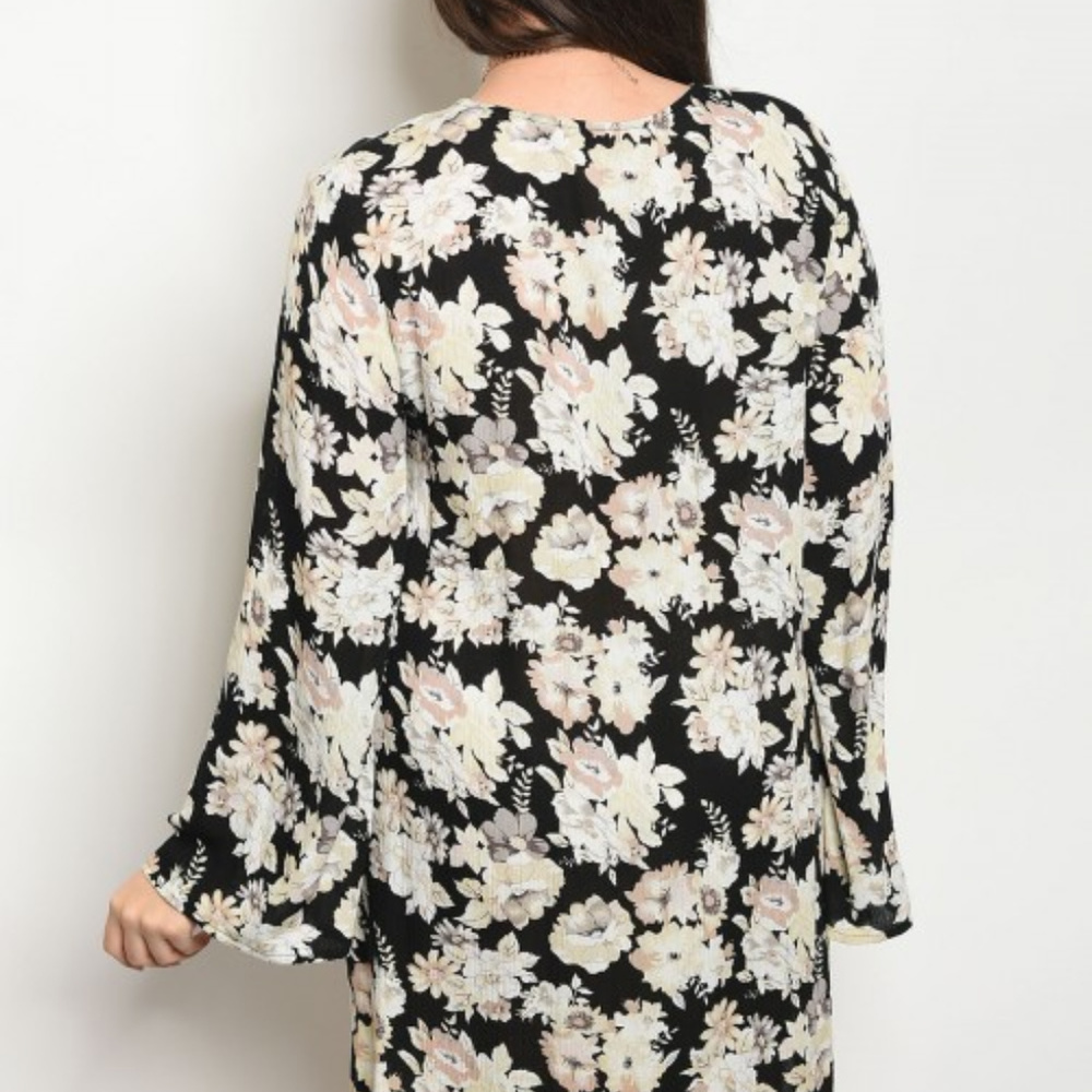 Plus Sz BohoRayon Bell Sleeve Floral Tunic Dress - Picture 2 of 2